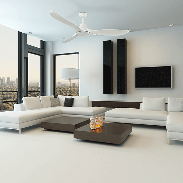 Martec Wave 60" 152cm DC Ceiling Fan with 18W LED CCT Light White Satin in modern living room | The Blue Space