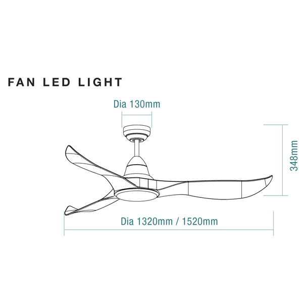 Technical Drawing - Martec Wave 60" 152cm DC Ceiling Fan with 18W LED CCT Light White Satin FAN WITH LED LIGHT