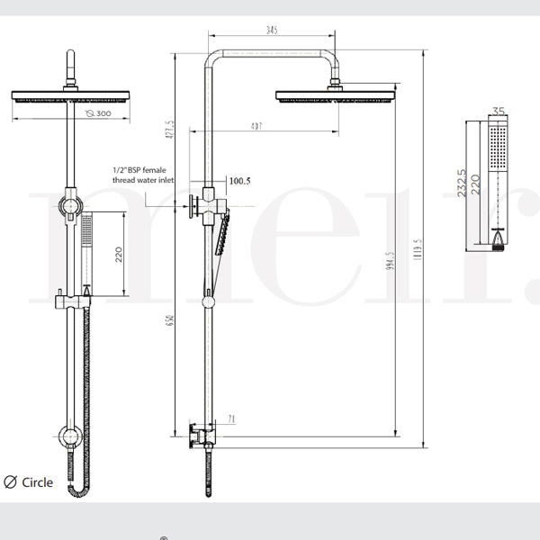Technical Drawing - Meir Round Combination Shower Rail 300mm Rose & Hand Shower