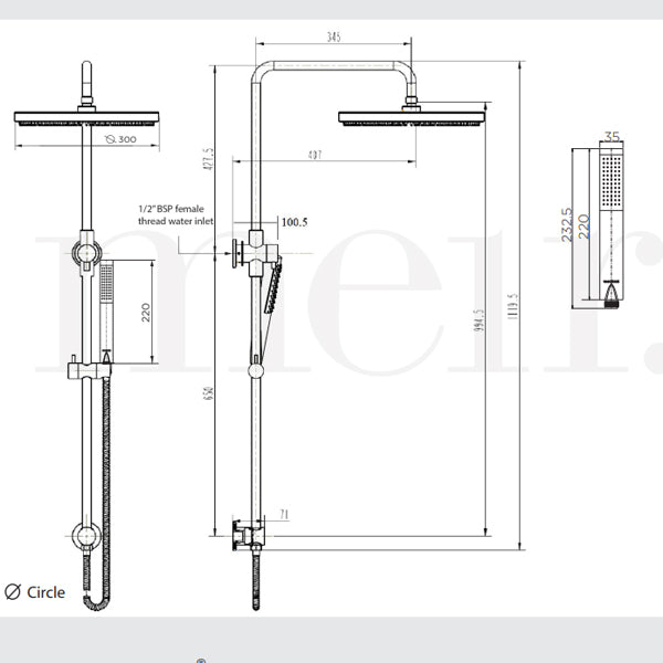 Meir Round Combination Shower Rail 300mm Rose & Hand Shower - Matte Black