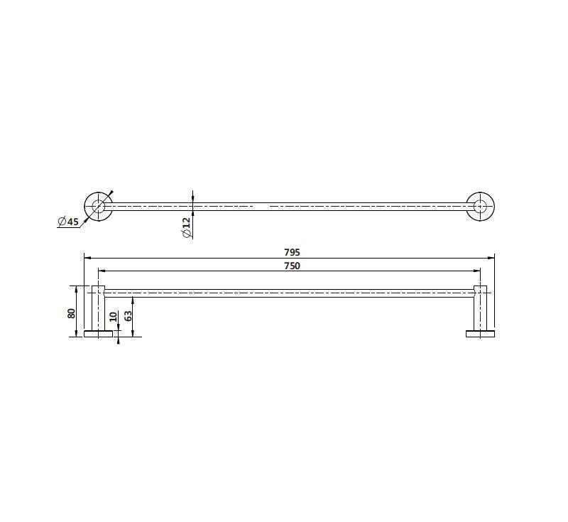Technical Drawing: Mirage Single Towel Rail Brushed Nickel 750