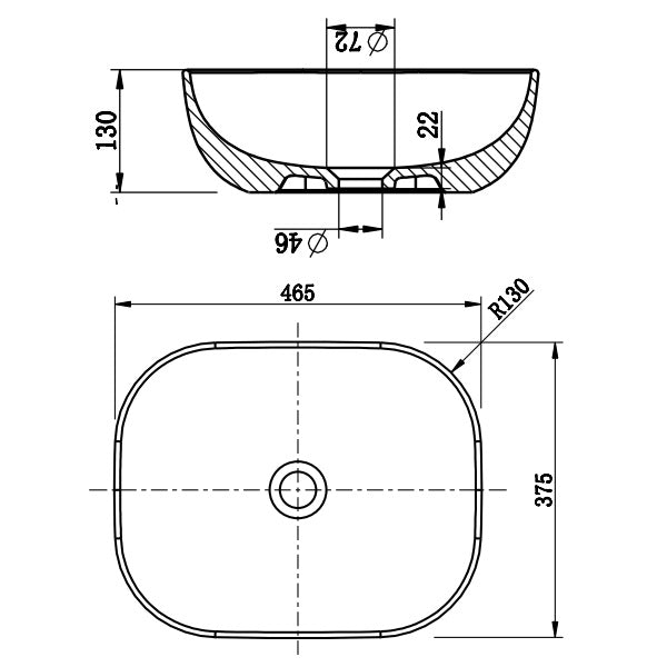 Naples Black Line Counter Top Basin Technical Drawing - The Blue Space