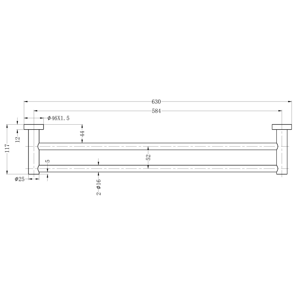 Technical Drawing: Nero Mecca Double Towel Rail 600mm Brushed Gold