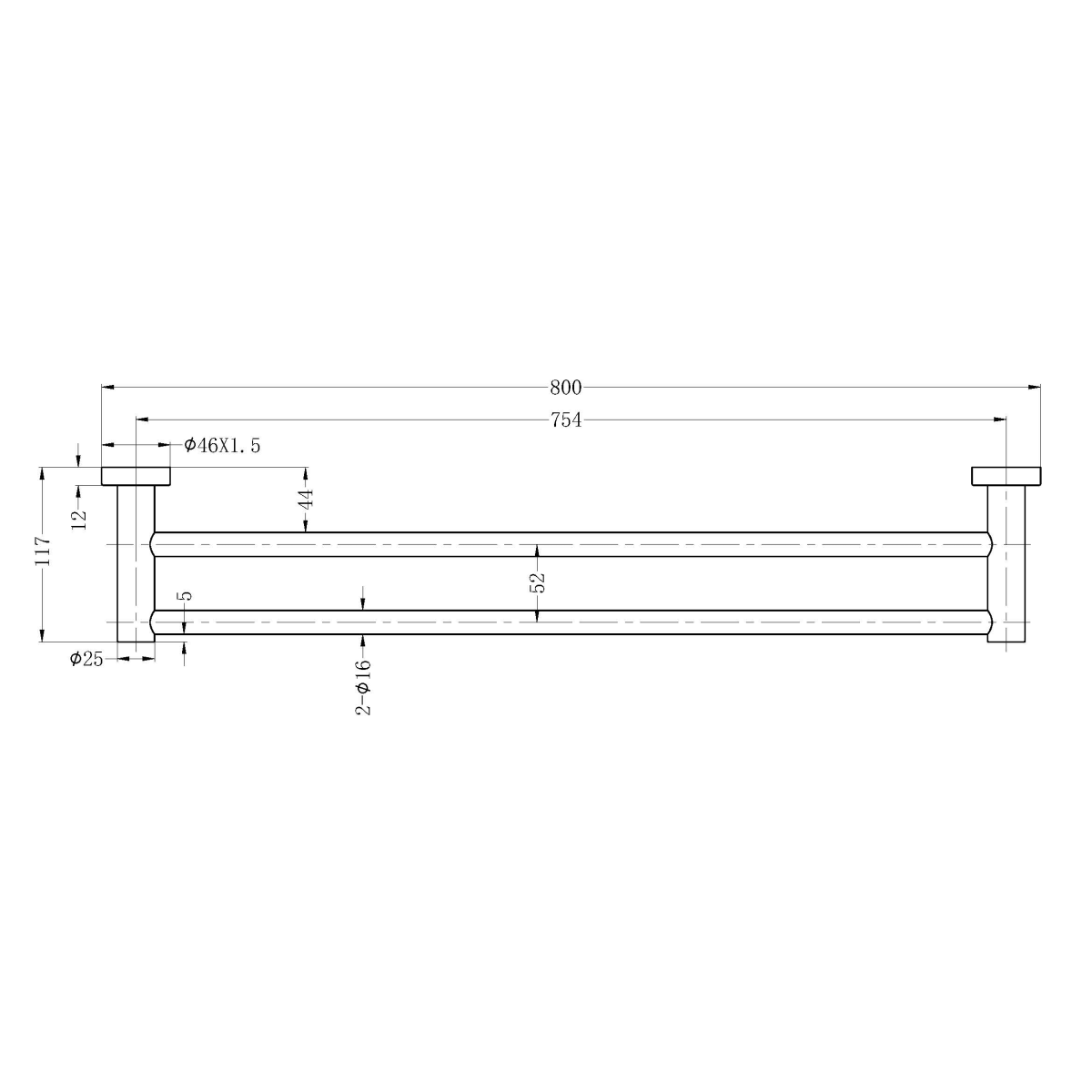 Technical Drawing: Nero Mecca Double Towel Rail 800mm Chrome