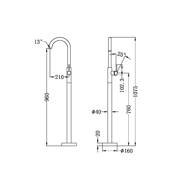Technical Drawing: Nero Dolce Floormount Bath Mixer Gun Metal Grey