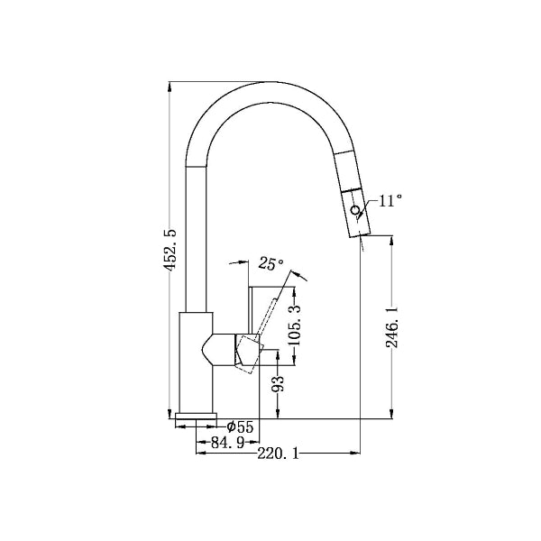 Technical Drawing: Nero Mecca Pull Out Sink Mixer w/ Vegie Spray Brushed Nickel