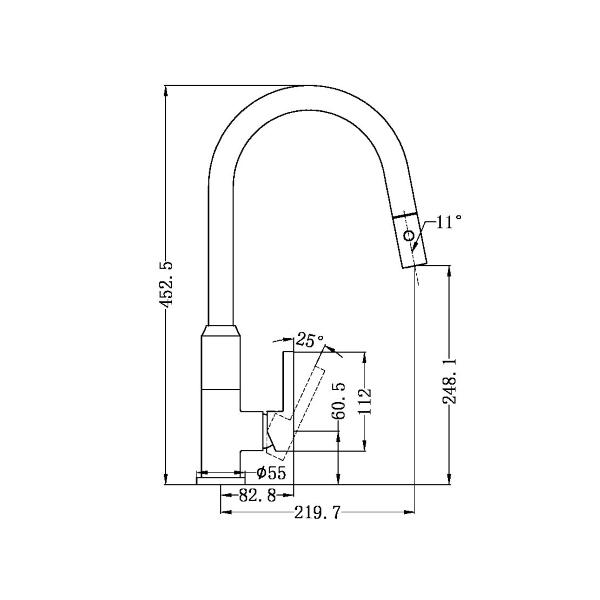 Technical Drawing: Nero Pearl Pull Out Sink Mixer with Vegie Spray Matte Black