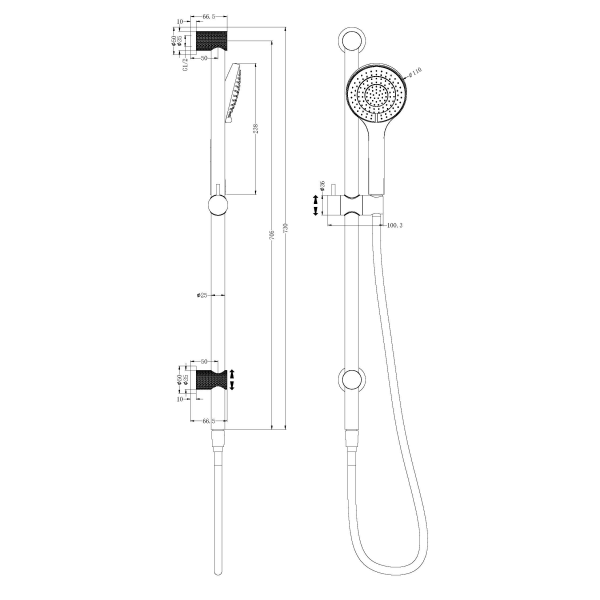 Technical Drawing: Nero Opal Rail Shower Brushed Gold