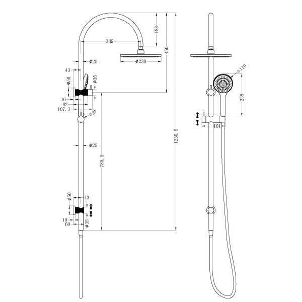 Technical Drawing: Opal Twin Shower Brushed Gold with Air Shower