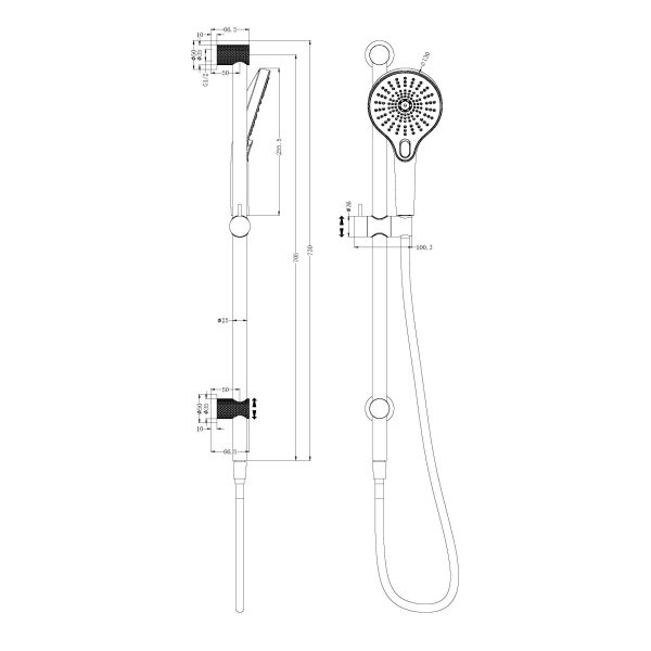 Technical Drawing: Nero Opal Rail Shower Brushed Nickel