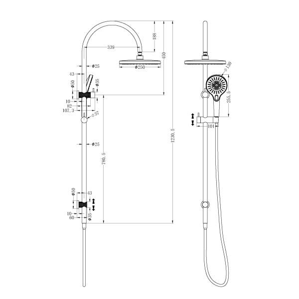 Technical Drawing: Nero Opal Twin Shower Brushed Gold