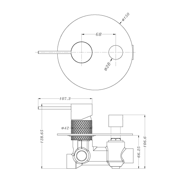 Technical Drawing: Opal Shower Mixer With Divertor Gunmetal