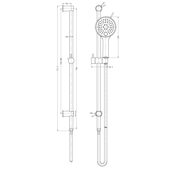 Technical Drawing: Nero Dolce 3 Function Rail Shower Brushed Gold