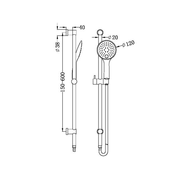 Technical Drawing: Nero Dolce 3 Function Rail Shower Gun Metal Grey