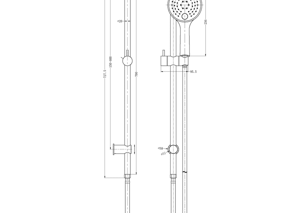 Technical Drawing: Nero Dolce 3 Function Rail Shower Matte Black