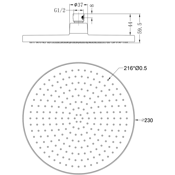 Technical Drawing: Nero Opal Air Shower Head Brushed Gold