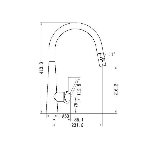 Technical Drawing; Nero Dolce Pull Out Sink Mixer with Vegie Spray Gun Metal Grey