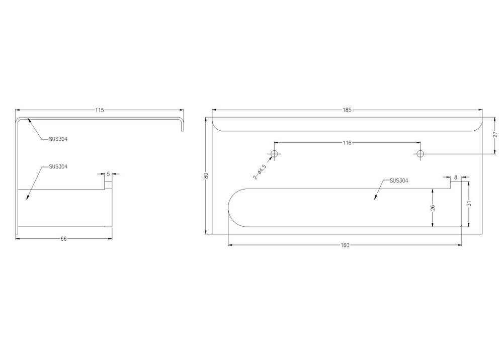 Technical Drawing: Nero Bianca Toilet Roll Holder with Shelf Brushed Gold