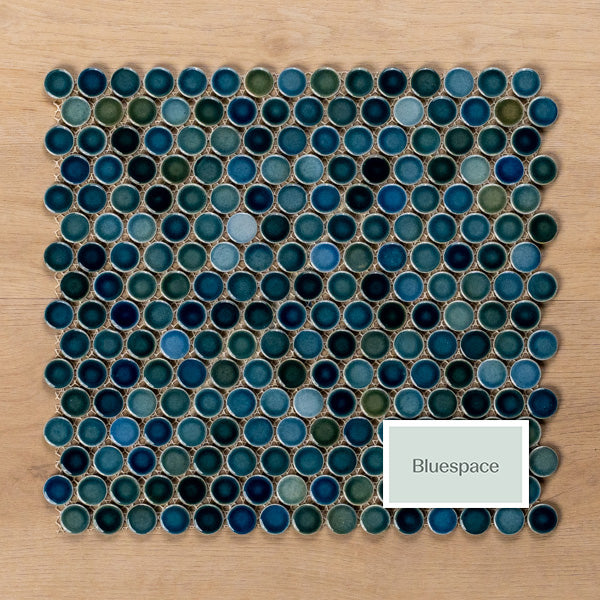 Mooloolaba Gloss Marine Porcelain Penny Round Mosaic Tile 20x20mm - The Blue Space