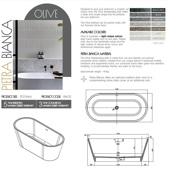 Technical Specifications: Olive Stone Bath 1690