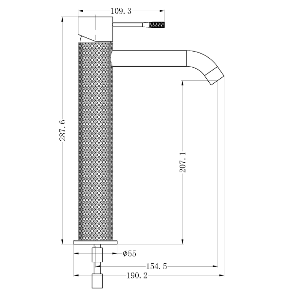 Technical Drawing: Nero Opal Tall Basin Mixer Gunmetal