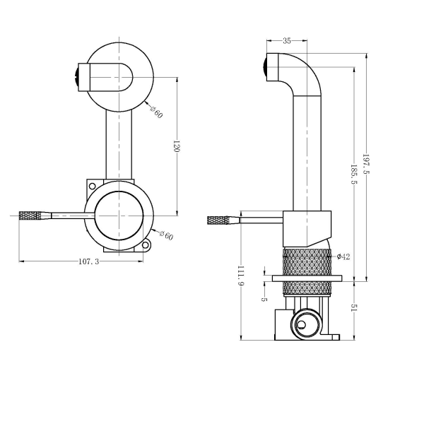 Technical Drawing: Nero Opal Wall Basin/Bath Mixer Brushed Nickel
