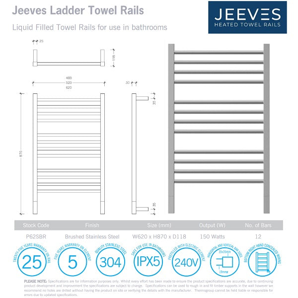 Technical Drawing: Thermogroup 12 Bar Jeeves Heated Towel Ladder 620w x 870h - Brushed SS