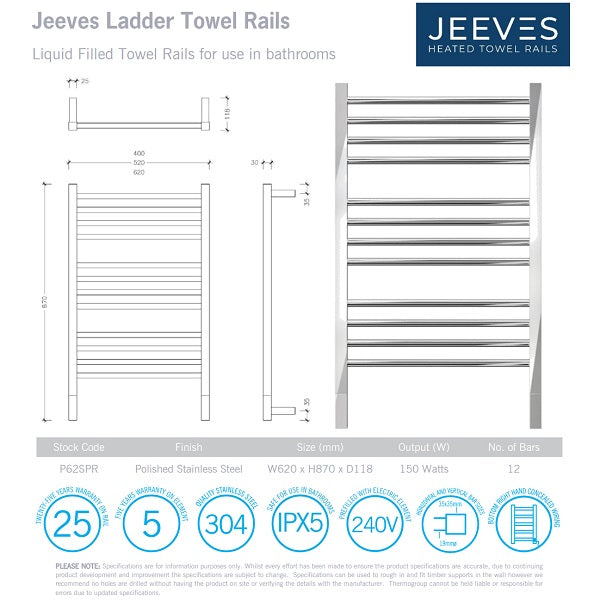 Technical Drawing: Thermogroup 12 Bar Jeeves Heated Towel Ladder 620w x 870h - Polished SS