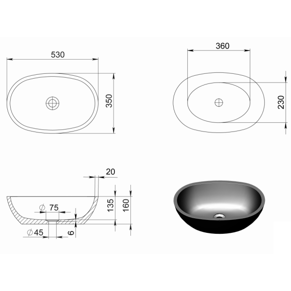 Technical Drawing: Sussana Stone Basin 530mm