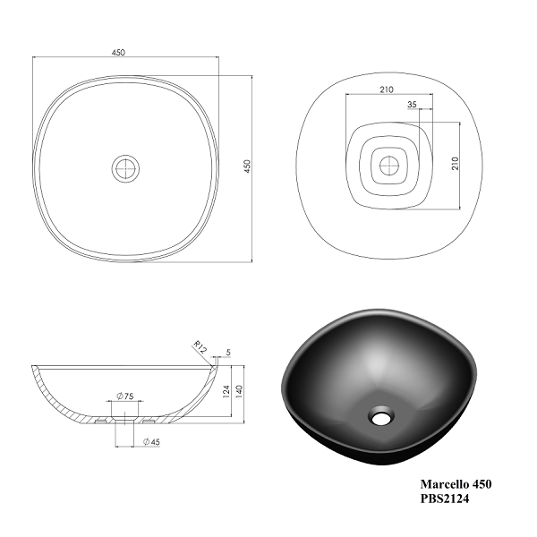 Technical Drawing: Marcello Stone Basin 450mm