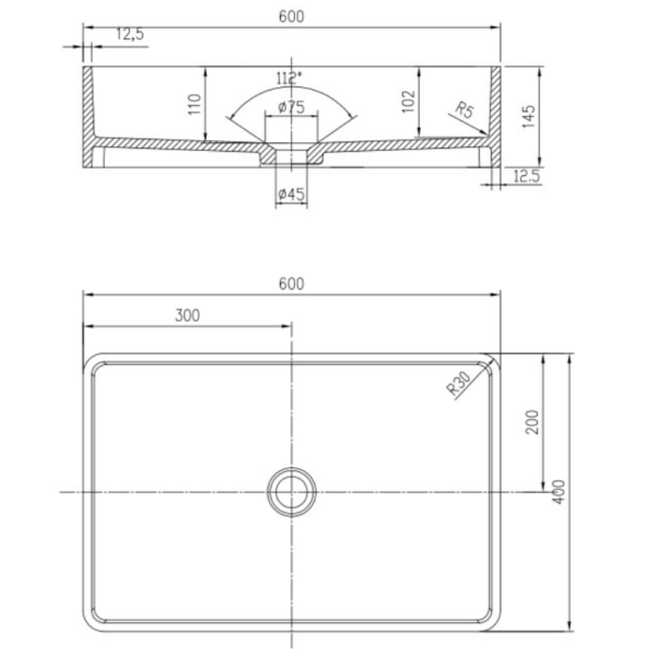 Technical Drawing: Laila Stone Basin 600mm