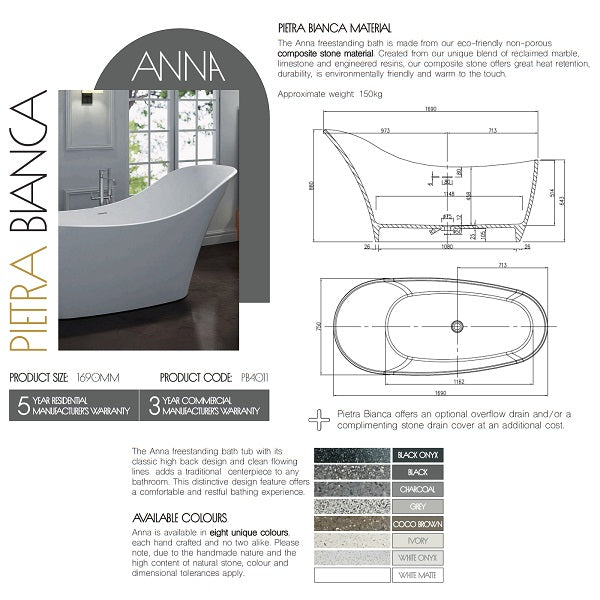 Technical Specifications: Anna Stone Bath 1690