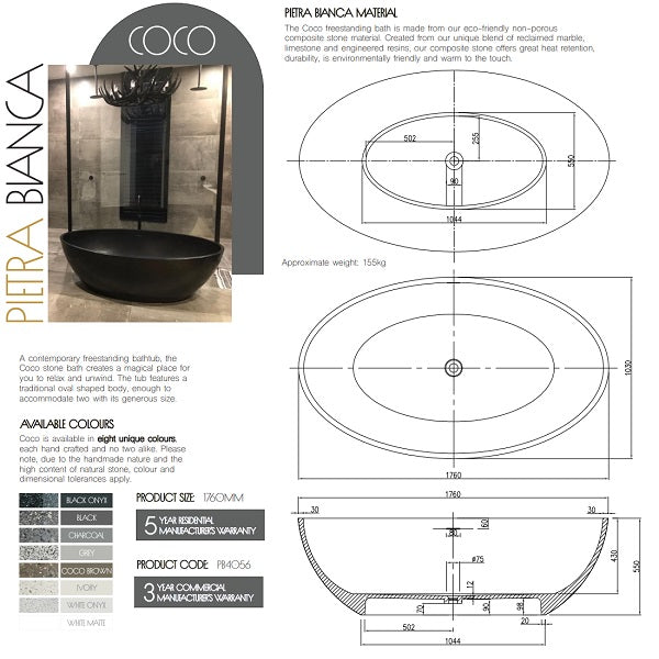 Technical Specifications: Coco Stone Bath 1760