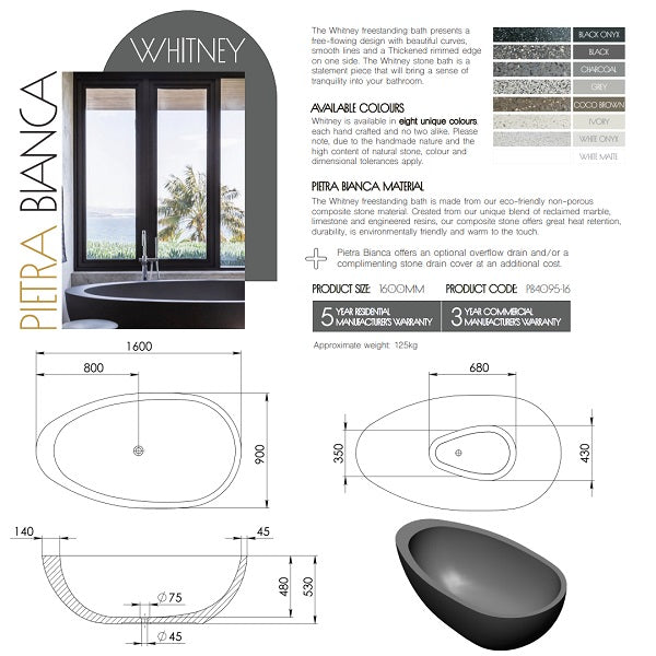 Technical Specifications: Whitney Stone Bath 1600