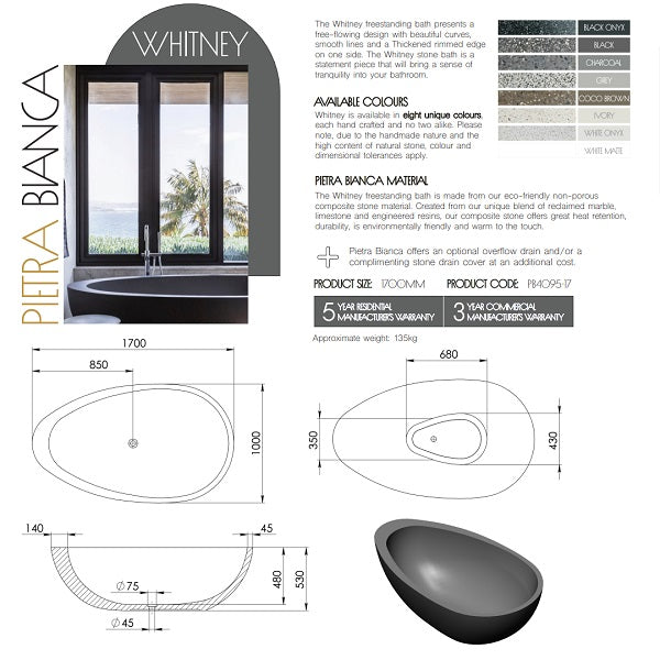 Technical Specifications: Whitney Stone Bath 1700