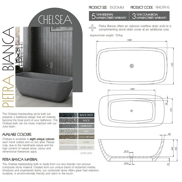 Technical Specifications: Chelsea Stone Bath 1500