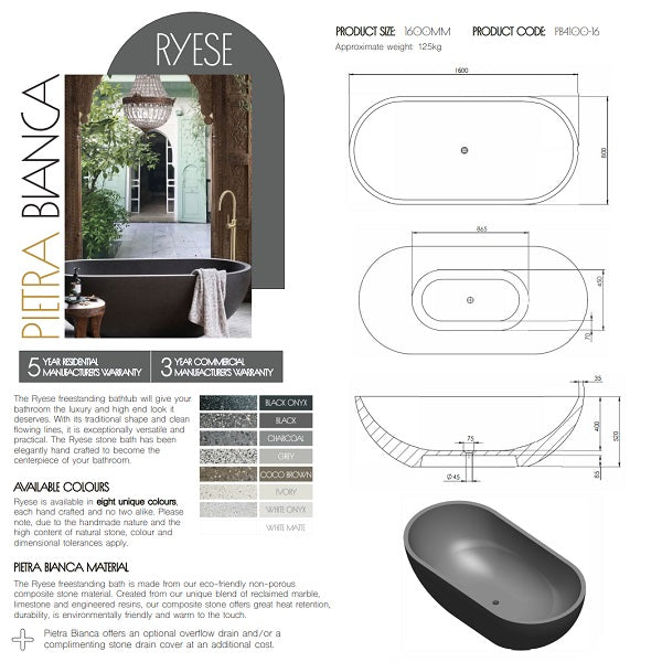 Technical Specifications: Ryese Stone Bath 1600