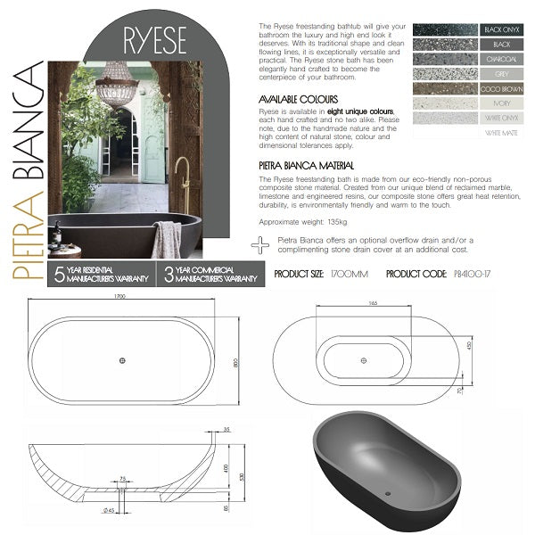 Technical Specifications: Ryese Stone Bath 1700