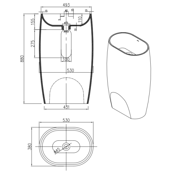 Technical Drawing: Unique Freestanding Stone Basin