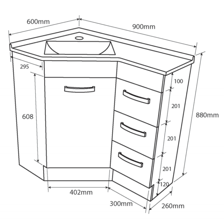 Technical Drawing: Fienza Corner 6090 Vanity