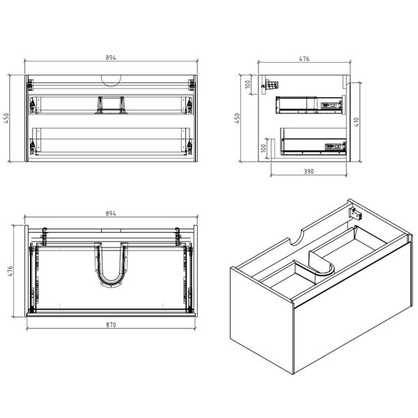 BelBagno Prado 900mm Wall Hung Vanity Technical Drawing - The Blue Space