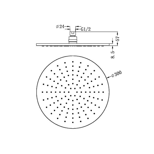 Technical Drawing: Nero 300mm Round Shower Head