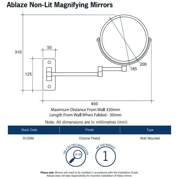 Thermogroup Ablaze Magnifying Mirror 1x & 10x Mag - Chrome