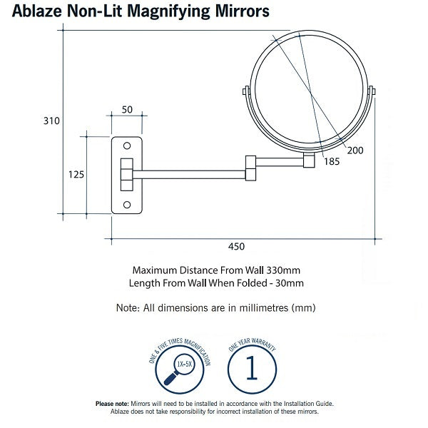 Thermogroup Ablaze Magnifying Mirror 1x & 5x Mag - Chrome