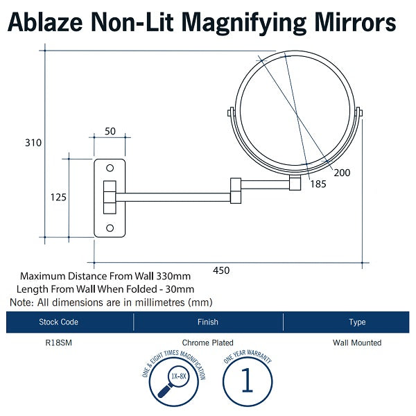 Technical Specification: Thermogroup Ablaze Magnifying Mirror 1x & 8x Mag - Chrome