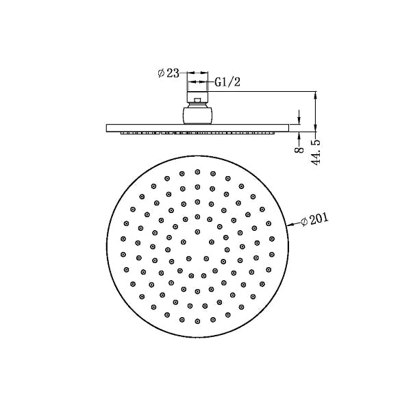 Technical Drawing: Nero 200mm Round Shower Head