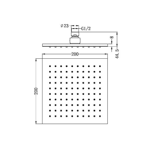 Technical Drawing: Nero 200mm Square Shower Head