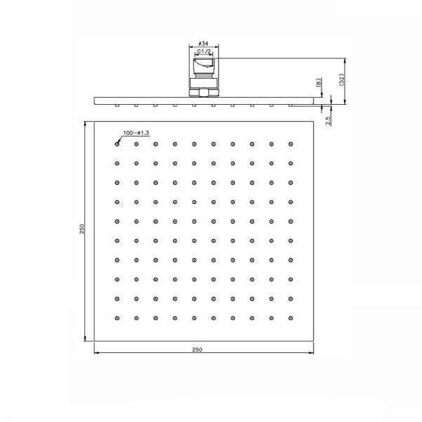 Technical Drawing - Nero Square Shower Head 250mm