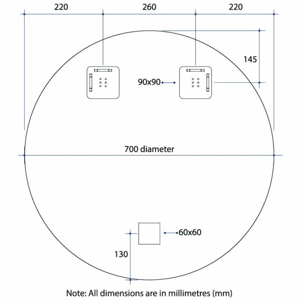 Technical Drawing: 700 Thermogroup Round Polished Edge Mirror