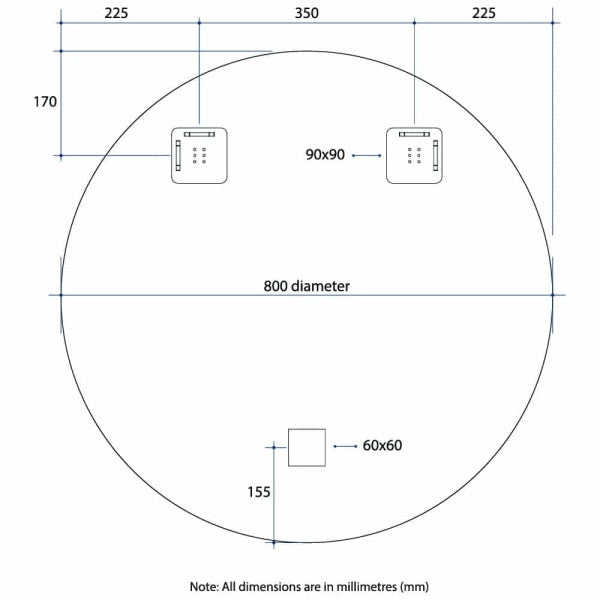 Technical Drawing: 800 Thermogroup Round Polished Edge Mirror